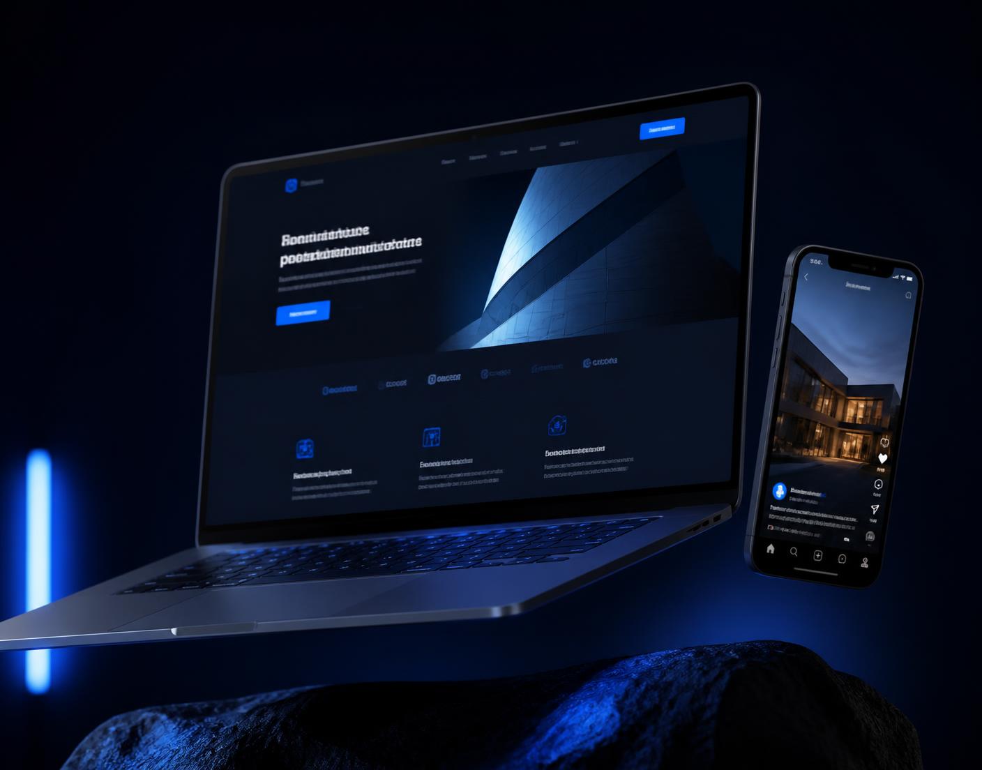 Mockup einer modernen Unternehmenswebsite auf Laptop und Smartphone mit vertikalem Video